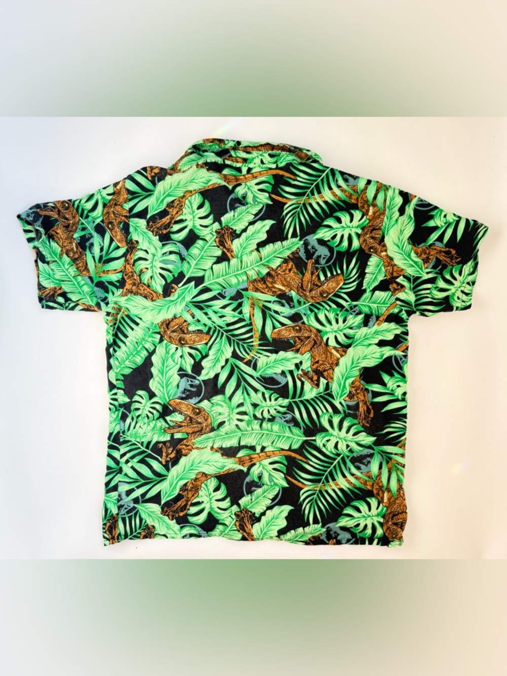 Jurassic Park Hawaiian Button Down Shirt Men's XL Green Brown Velociraptor - Picture 2 of 6